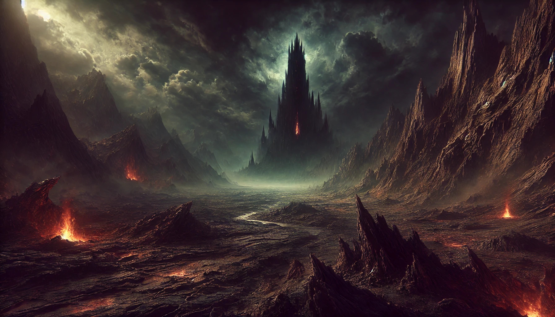 DALL·E 2024 07 21 23.46.38   A highly detailed dark fantasy scene showing a desolate wasteland with a looming dark tower in the distance. The landscape is barren and scorched, wit